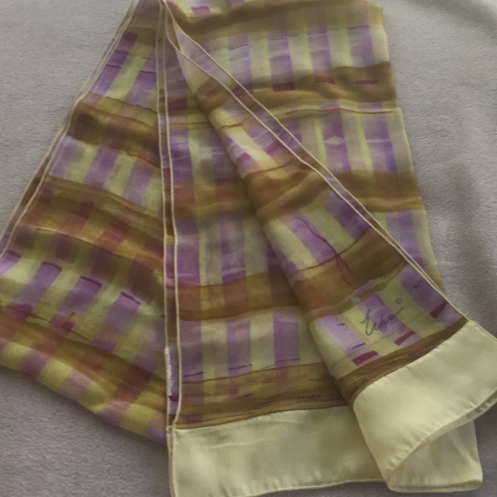 Echo silk scarf in multi colors, yellow satin trim